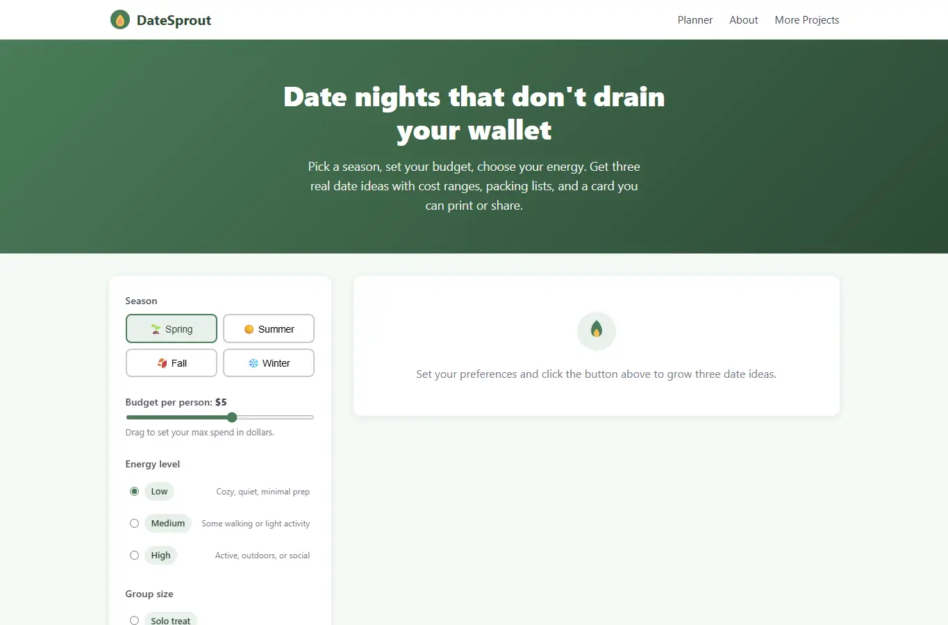 Screenshot of DateSprout: Low-Cost Date Night Planner interface showing the project page in use